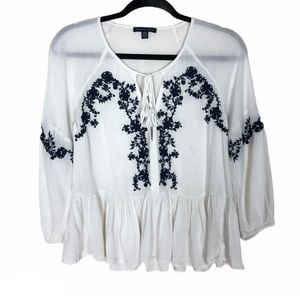 American Eagle peplum boho gauzy white blue floral embroidered details b…